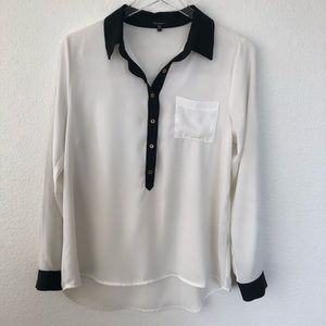 White Half Button Up Top With Black Collar & Cuffs